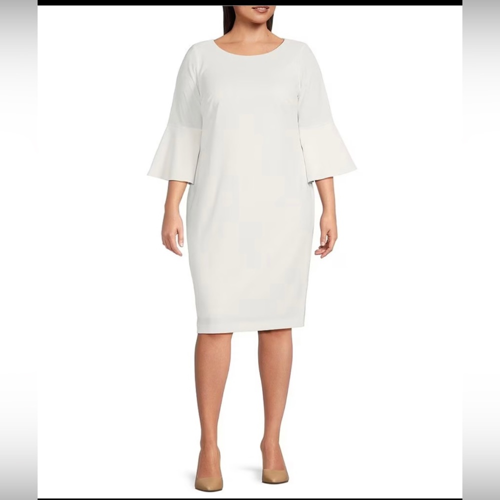 Lane Bryant Plus Size Round Neck 3/4 Bell Sleeve Sheath Dress in white